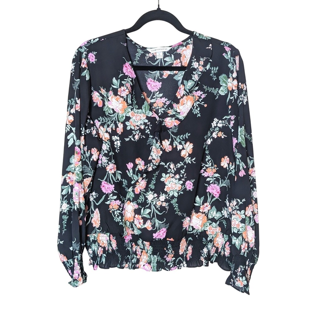 Counterparts Black Floral Blouse with Smocked Hem Size XL